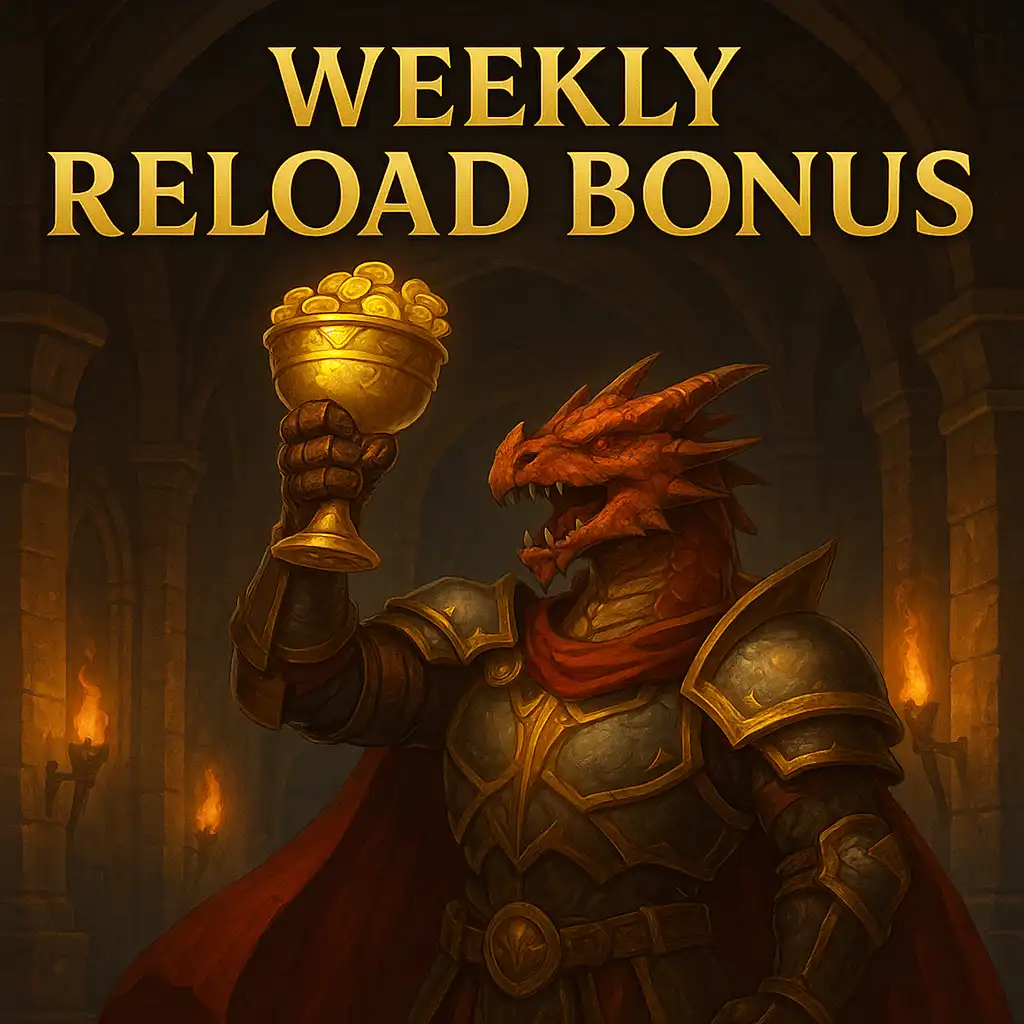 Dragon knight raising a goblet of coins for the weekly reload bonus